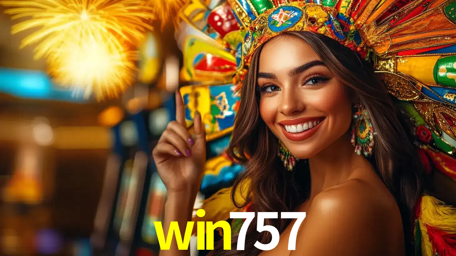 Mulher sorridente com um cocar de carnaval vibrante e colorido, celebrando uma grande vitória nos jogos do cassino win757 com fogos de artifício ao fundo.