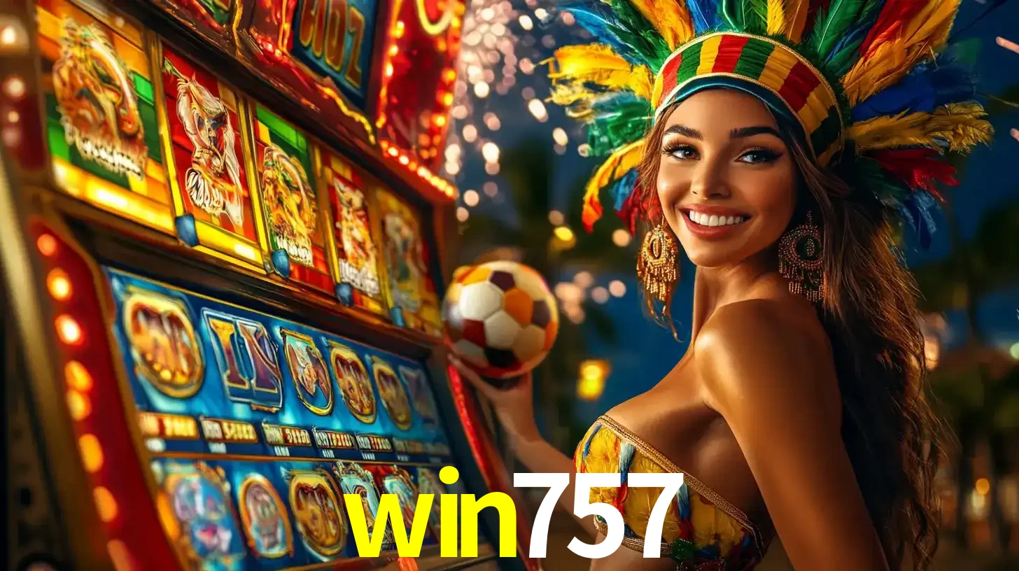 Mulher com um cocar de carnaval ao lado de uma máquina de caça-níqueis enquanto segura uma bola de futebol, mostrando a união da diversão de cassino e esportes no win757.