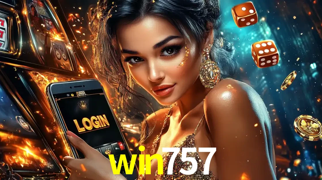 Mulher glamourosa segurando um celular com a tela de login do cassino win757, rodeada por dados e moedas douradas, pronta para começar a diversão.