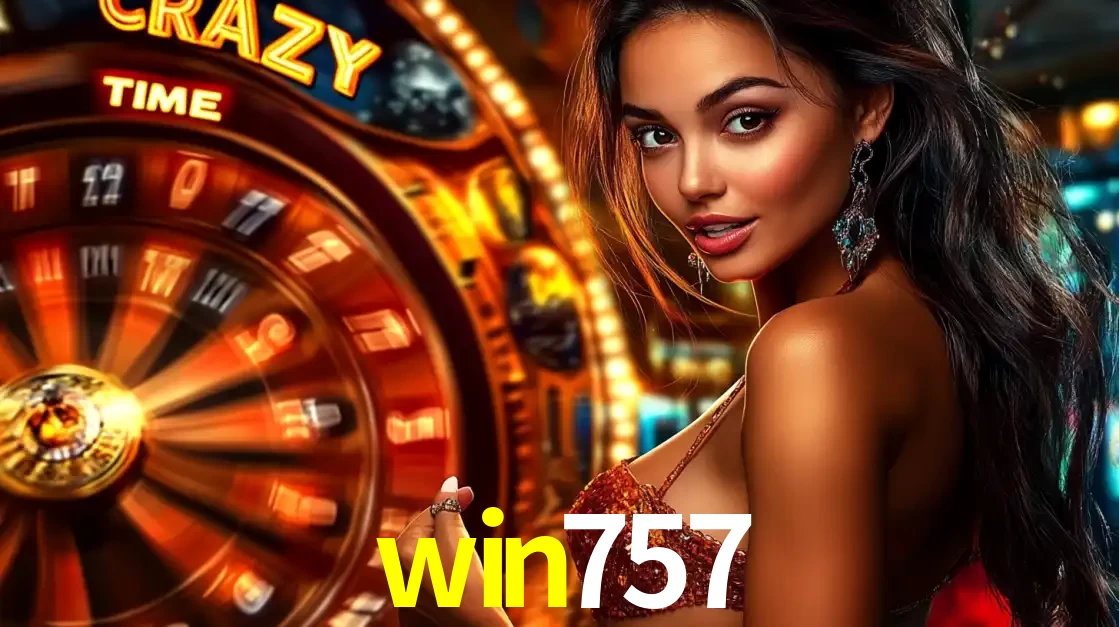 Mulher ao lado da roda de prêmios do jogo de cassino ao vivo Crazy Time, um dos shows de jogos mais emocionantes oferecidos pela plataforma de apostas win757.