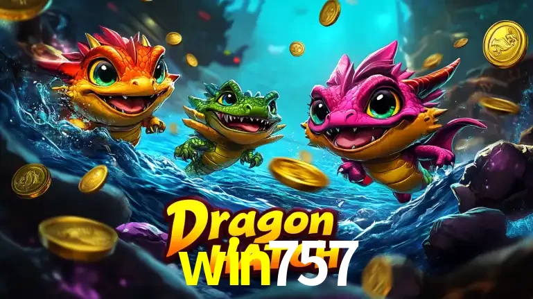 Arte promocional do jogo Dragon Hatch com três adoráveis dragões bebês nadando entre moedas de ouro, um dos slots mais divertidos para jogar no cassino win757.