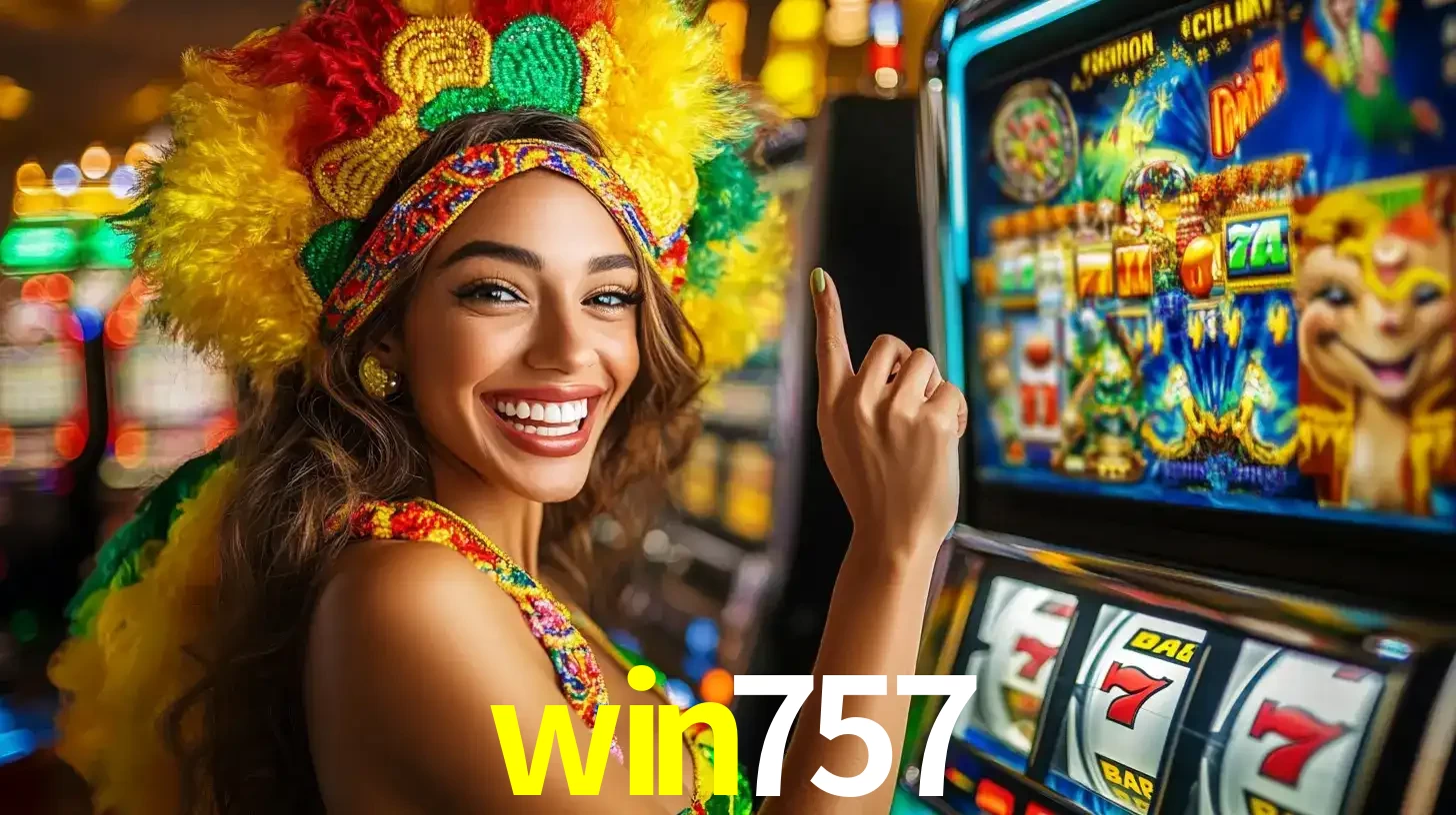Mulher animada com um cocar de carnaval apontando para uma máquina de caça-níqueis, mostrando a emoção de ganhar um grande prêmio nos jogos do win757.