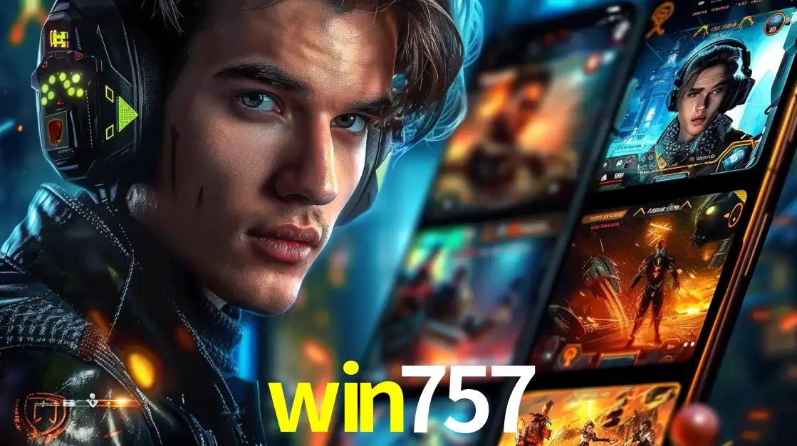 Jovem jogador com fones de ouvido olhando para a câmera, com um aplicativo de jogos e e-sports para celular ao fundo, pronto para a competição e apostas no win757.