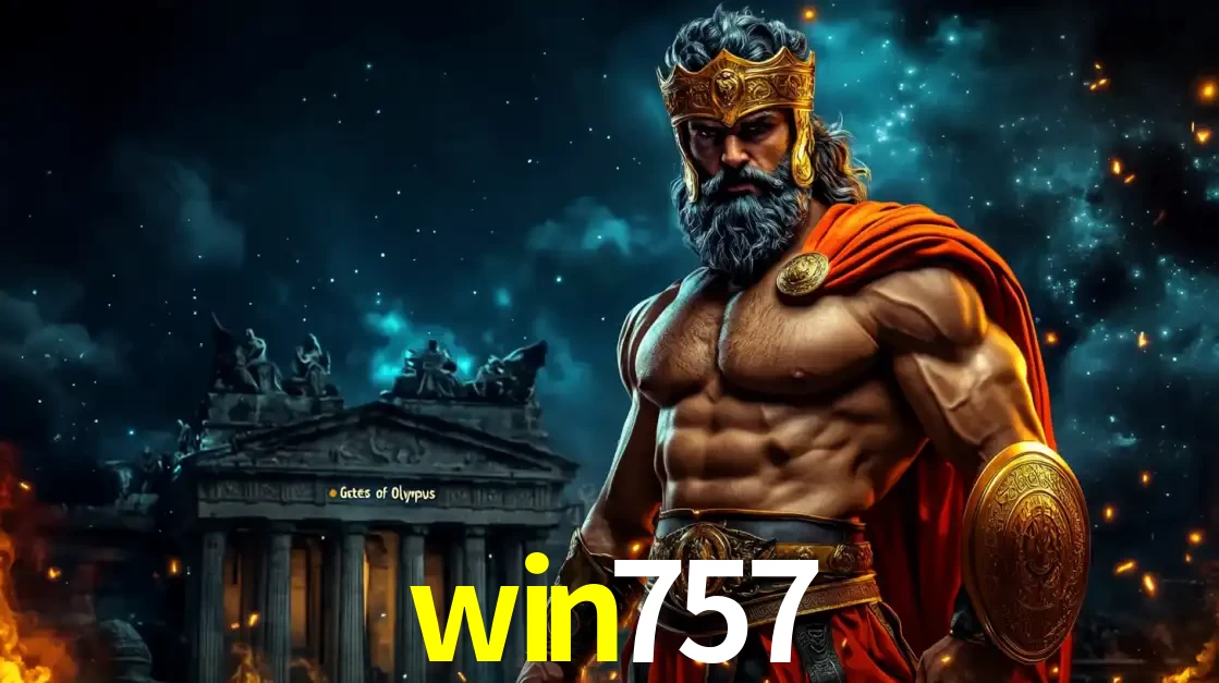 O poderoso Zeus do jogo de slot Gates of Olympus em frente ao seu templo, pronto para lançar multiplicadores divinos e prêmios épicos no cassino online win757.