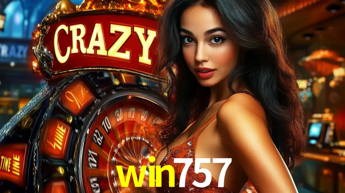 Mulher glamourosa olhando para a câmera com a roda vermelha do Crazy Time ao fundo em um ambiente de cassino, destacando a emoção dos jogos ao vivo no win757.