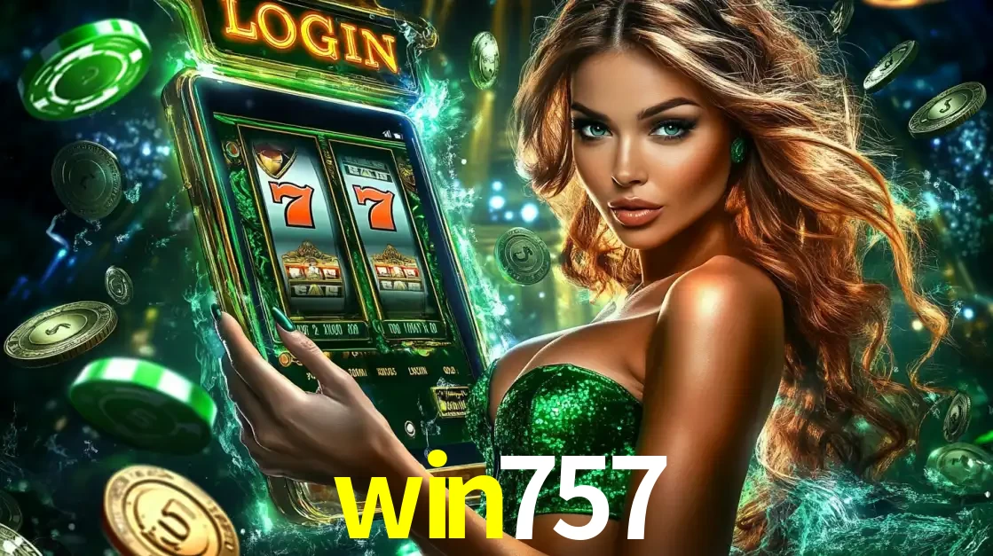 Mulher com tema verde apresentando o aplicativo do cassino win757 com um jogo de slot de 777, cercada por fichas de cassino e uma aura de sorte.