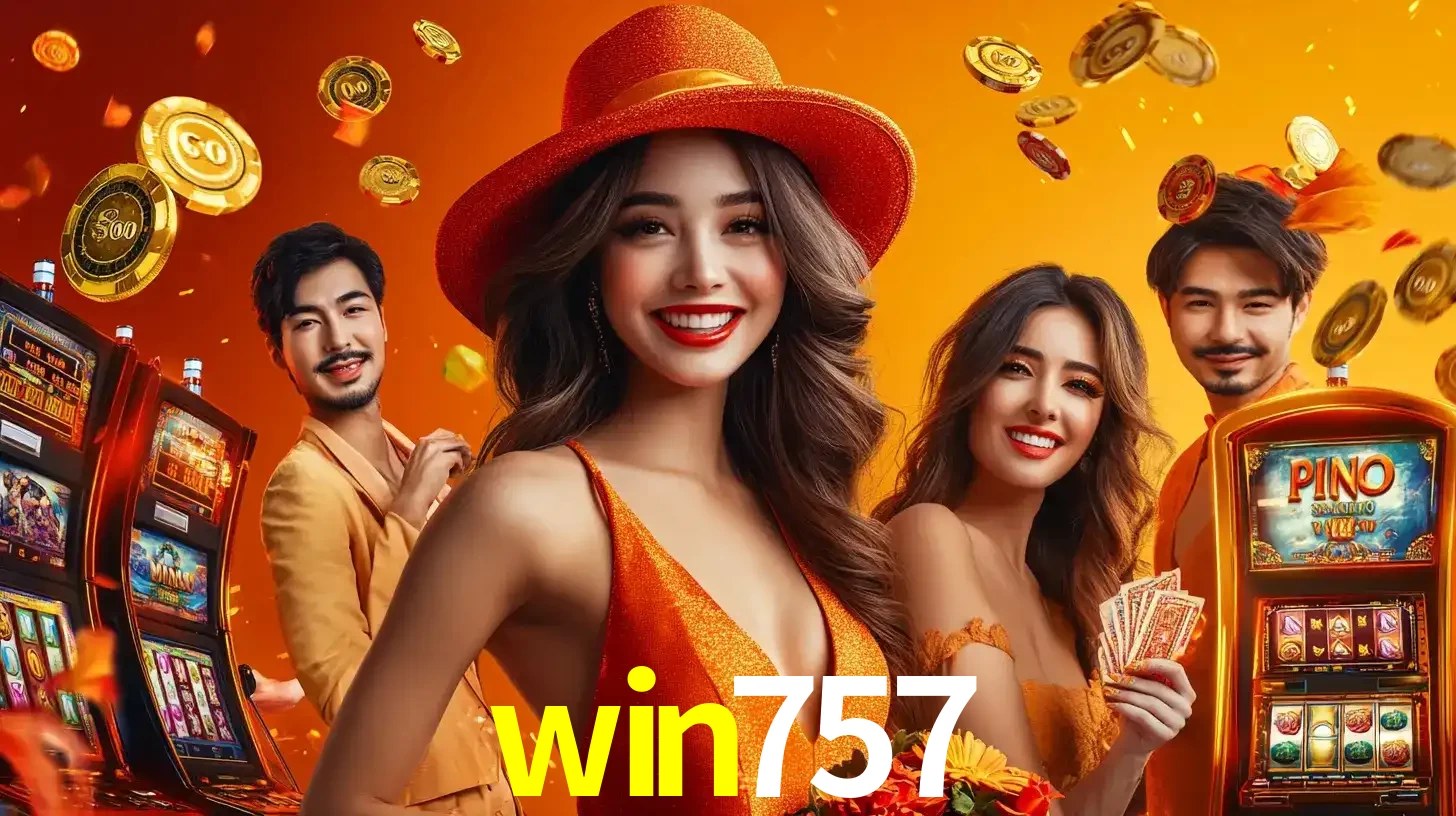 Grupo de amigos asiáticos sorrindo e se divertindo com máquinas de caça-níqueis em um ambiente festivo, celebrando suas vitórias nos jogos de cassino do win757.