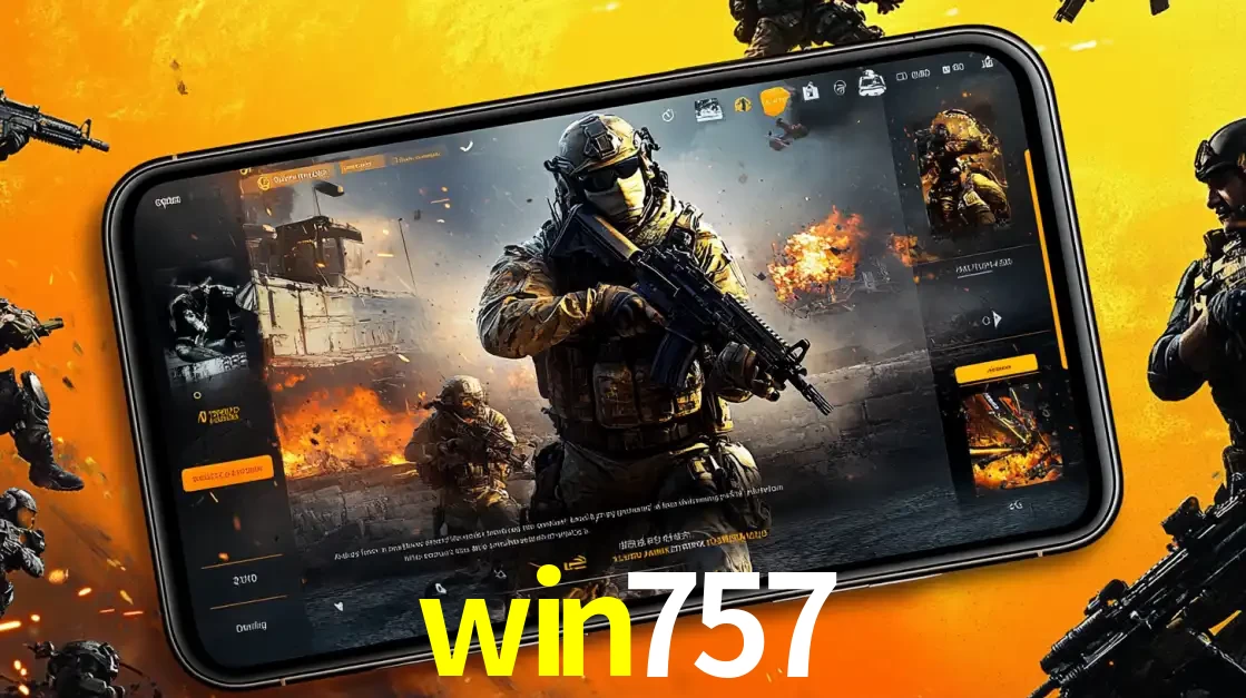 Um smartphone exibindo a interface de um jogo de tiro em primeira pessoa, com um soldado em um cenário de batalha, representando a ação dos e-sports para apostar no win757.