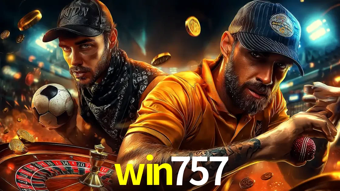 Montagem de apostas esportivas e cassino no win757, com um homem segurando uma bola de futebol e outro uma de beisebol sobre uma roleta e moedas voadoras.