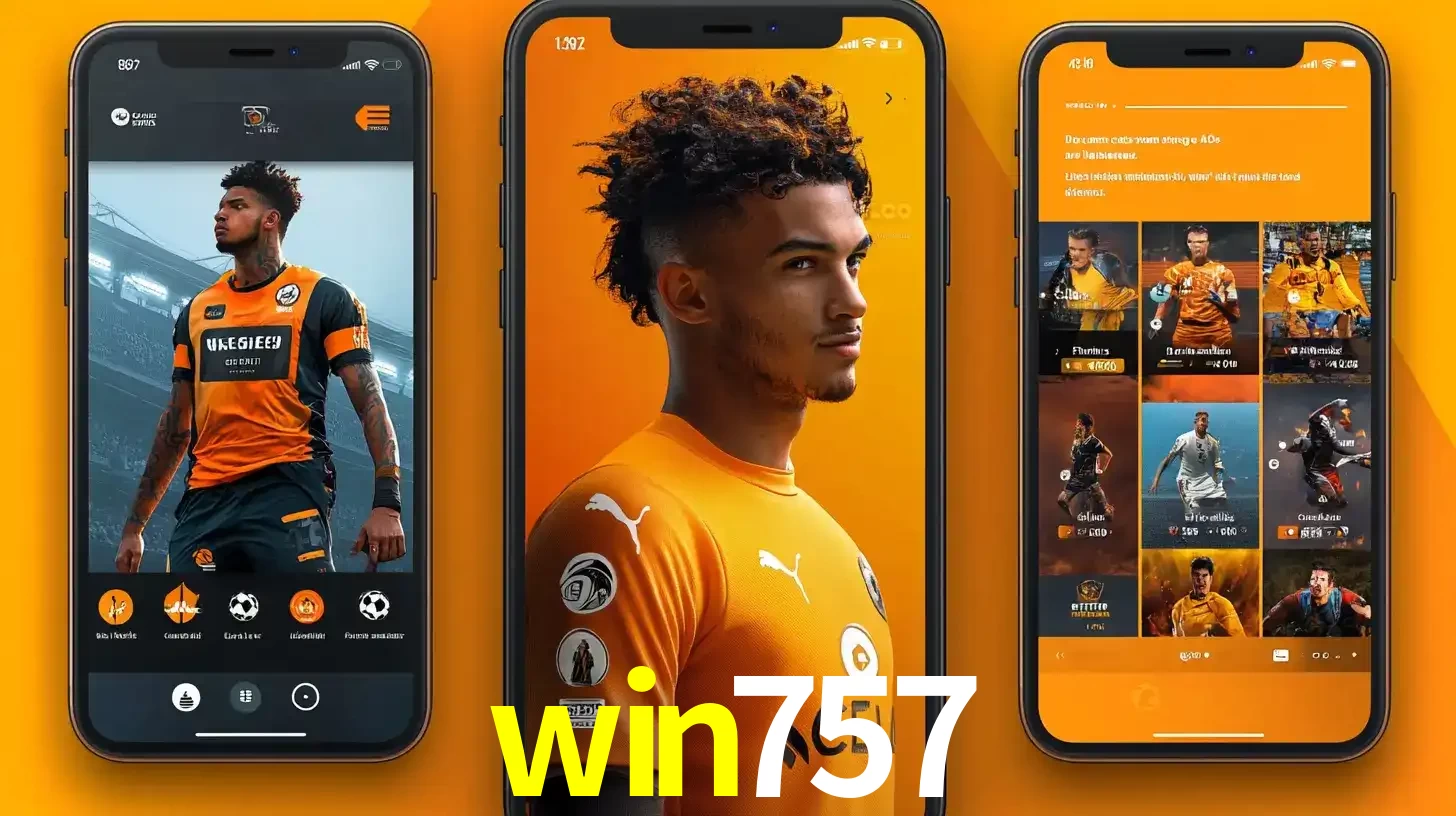 Interface do aplicativo de apostas esportivas win757 em três telas de celular, mostrando o perfil de um jogador de futebol e a lista de jogos disponíveis para apostar.