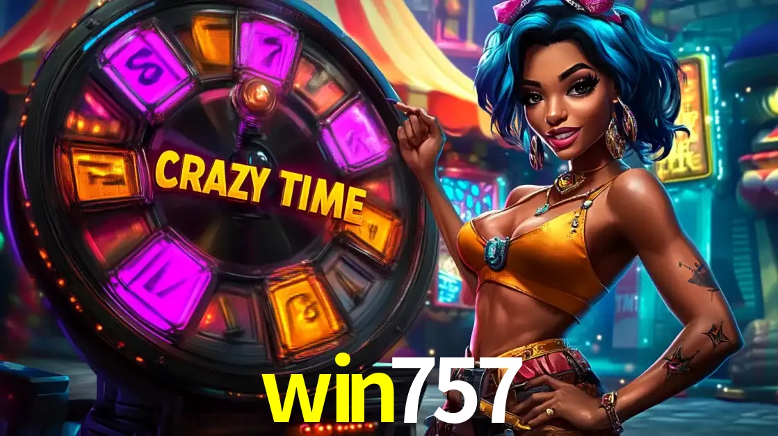 Mulher estilizada com cabelo azul e visual vibrante posando ao lado da roda de prêmios do game show Crazy Time, convidando para a diversão e os bônus do cassino win757.