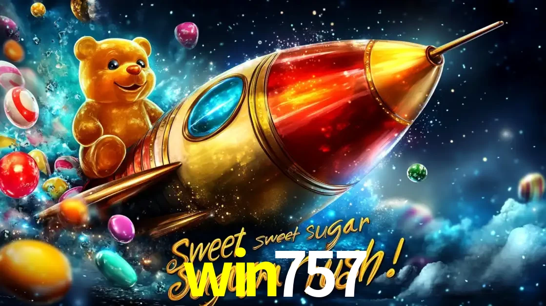 Arte promocional do jogo de slot Sugar Rush, com um urso de pelúcia em um foguete viajando pelo espaço de doces, um dos jogos divertidos disponíveis no cassino win757.