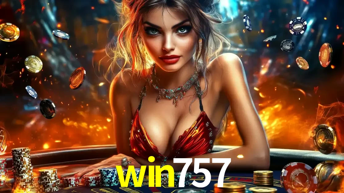 Mulher em uma mesa de cassino com pilhas de fichas e um fundo de fogo, pronta para uma rodada de altas apostas nos jogos de mesa emocionantes do cassino win757.