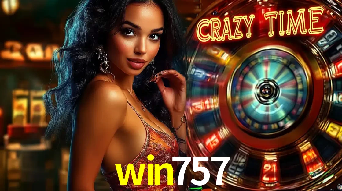 Mulher elegante ao lado da vibrante roda da fortuna do jogo de cassino ao vivo Crazy Time, um dos game shows mais populares e cheios de prêmios do win757.
