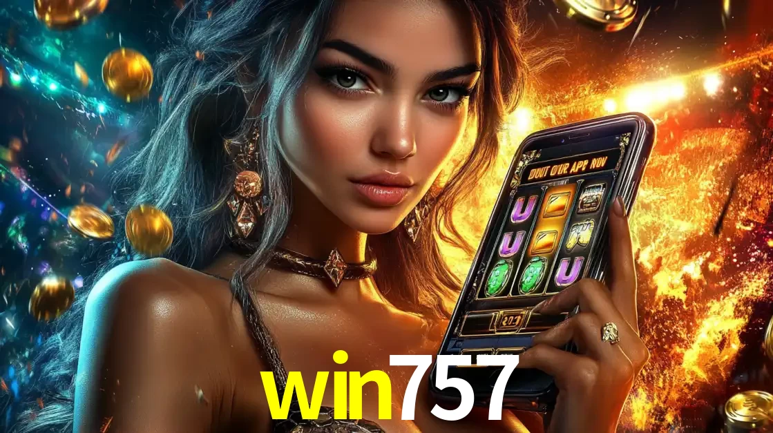Mulher elegante mostrando um jogo de caça-níqueis em seu smartphone, destacando a experiência de cassino móvel oferecida pelo aplicativo win757.