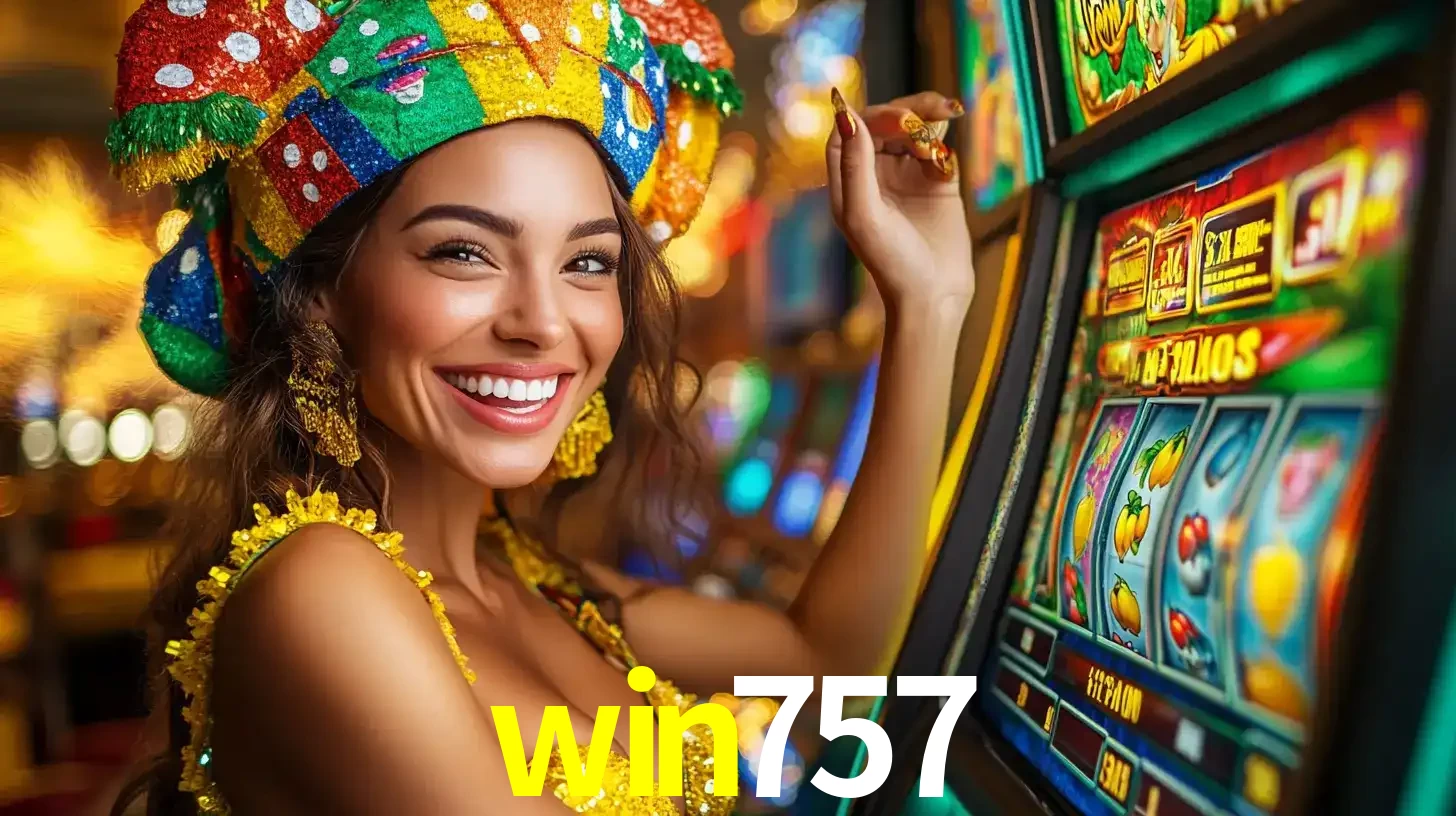 Mulher feliz com traje de carnaval amarelo e colorido ao lado de uma máquina de caça-níqueis, aproveitando a diversão e os jogos temáticos do cassino win757.