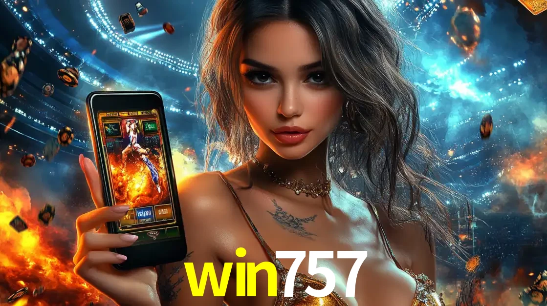 Mulher segurando um celular com um jogo de slot em destaque, tendo como fundo um estádio vibrante, simbolizando a emoção de jogar no cassino móvel win757.