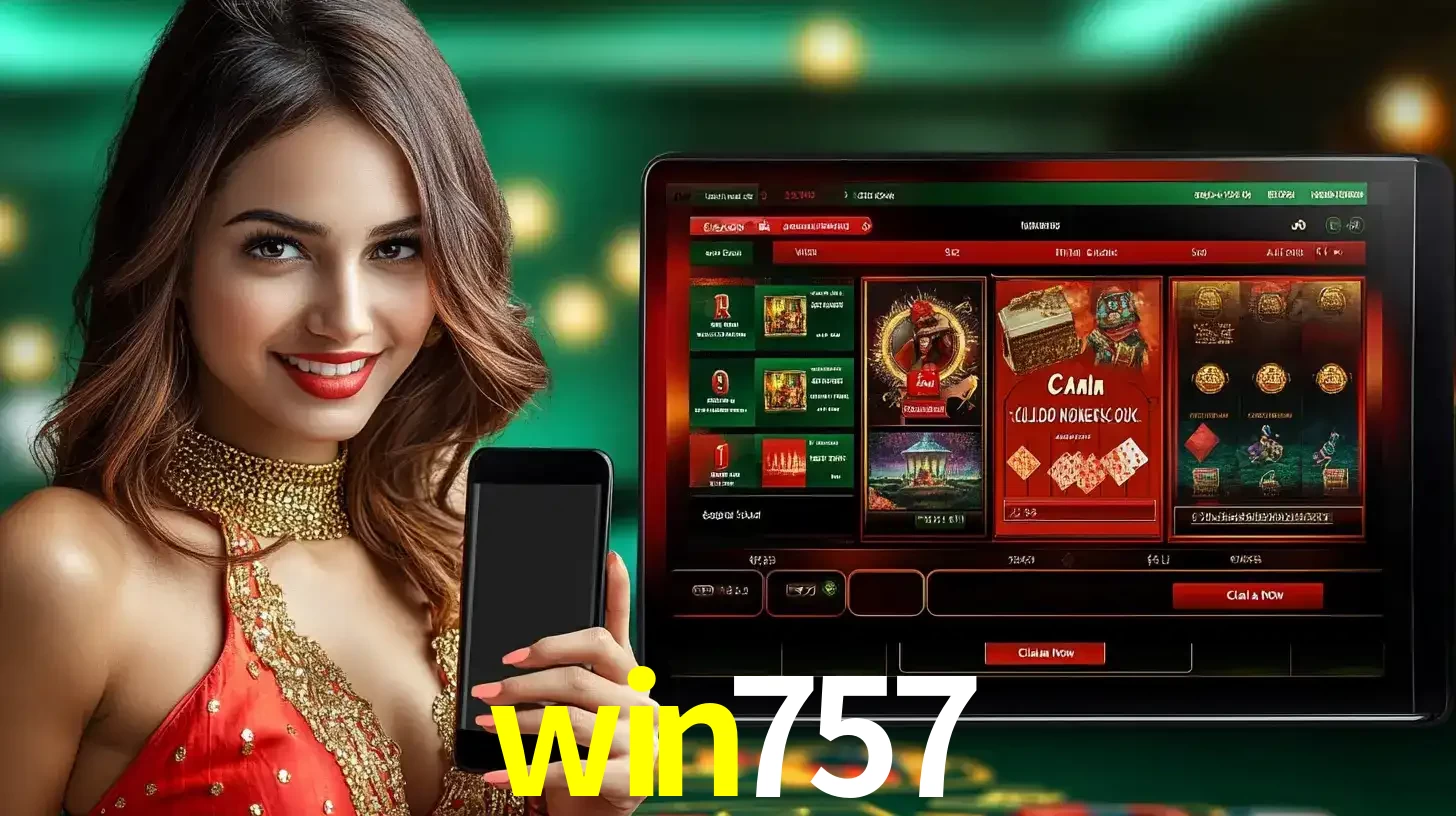 Mulher sorridente segurando um smartphone, ao lado de uma tela exibindo o lobby de jogos do cassino online win757, com várias opções de jogos de cartas e slots.